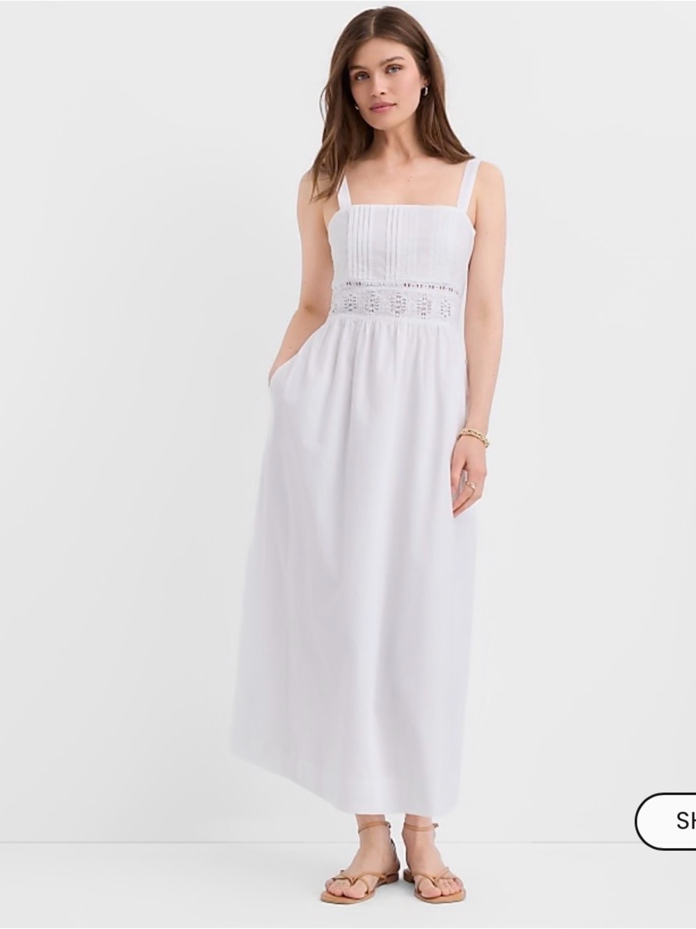 LOFT Lace Trim White Square-Neck Pintucked Midi Pocket Dress —NWT